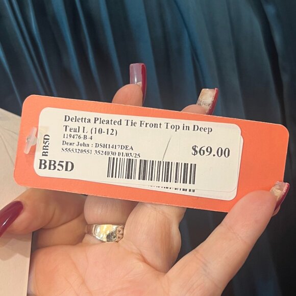 NWT Dear John Deep Teal Pleated Deletta Shirt Tie Front L XL - Picture 11 of 12